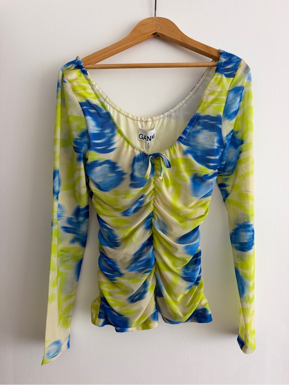 Ganni Blue & Lime Mesh Long Sleeve Top